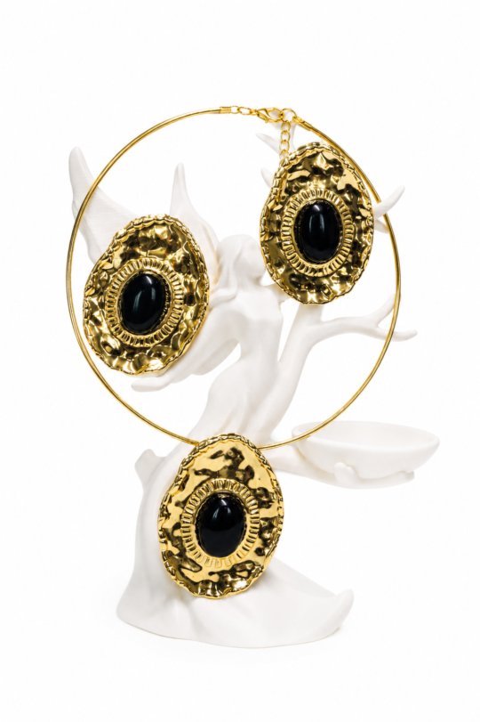 Luxury Gold-Tone Black Stone Necklace & Earrings Jewelry Set for Women