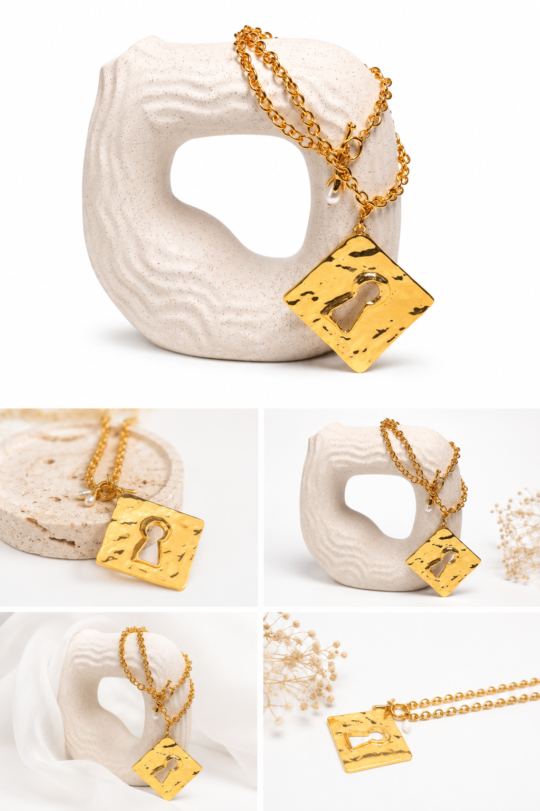 Premium Gold Plated Hammered Lock Keyhole Pendant Necklace for Women
