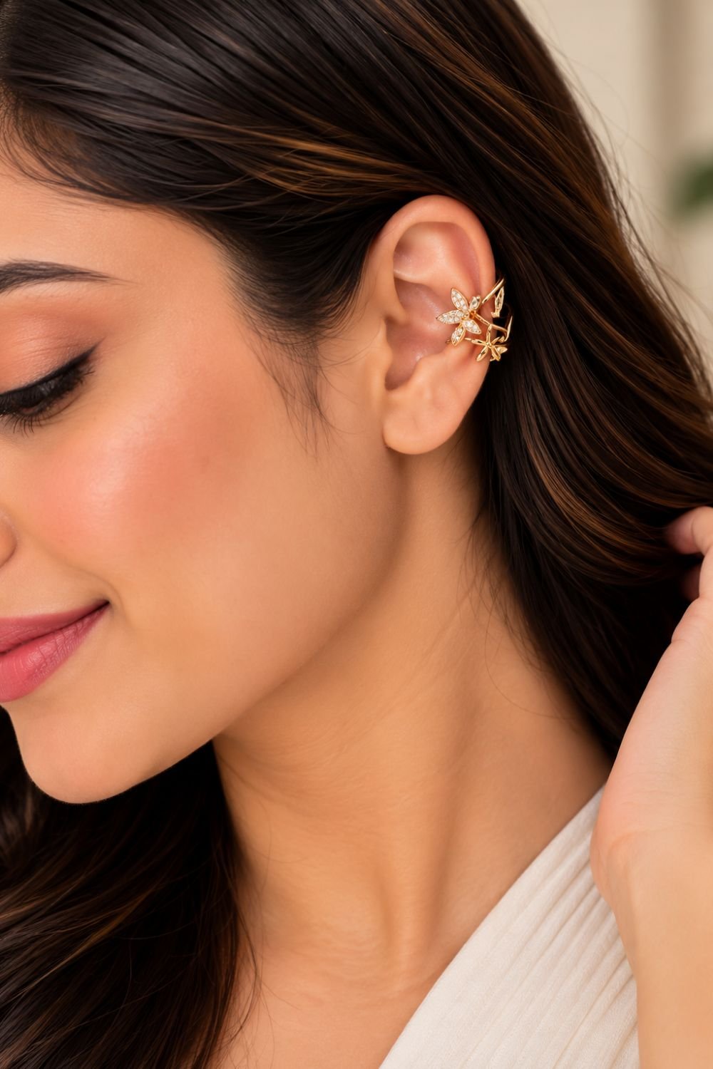 Gold-Tone Floral Crystal Ear Clip - Image 2