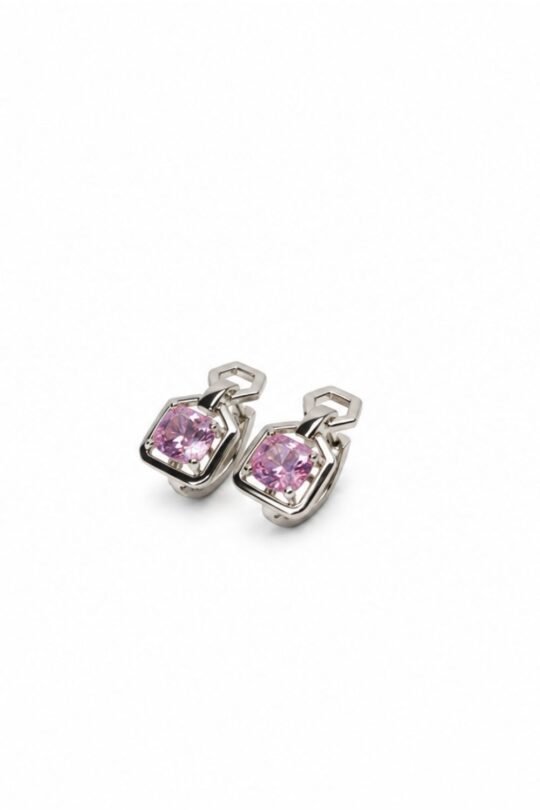 Squared Amethyst accent Silver Toned Discrete Earring