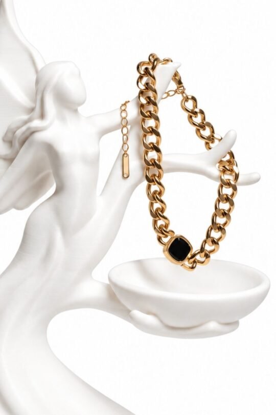Bold Interlocking Chain Design with a Black Square Accent Bracelet