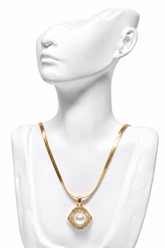 Elegant pearl pendant necklace surrounded by a delicate border of sparkling clear stones.